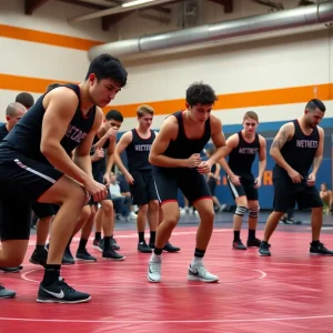 Cañon City high school wrestlers training on a wrestling mat.