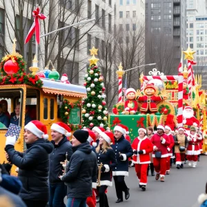 Crowds enjoying the Florence Christmas parade with festive floats and characters.