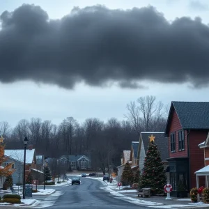 Christmas decorations in a small town with a dark shadow indicating gun violence