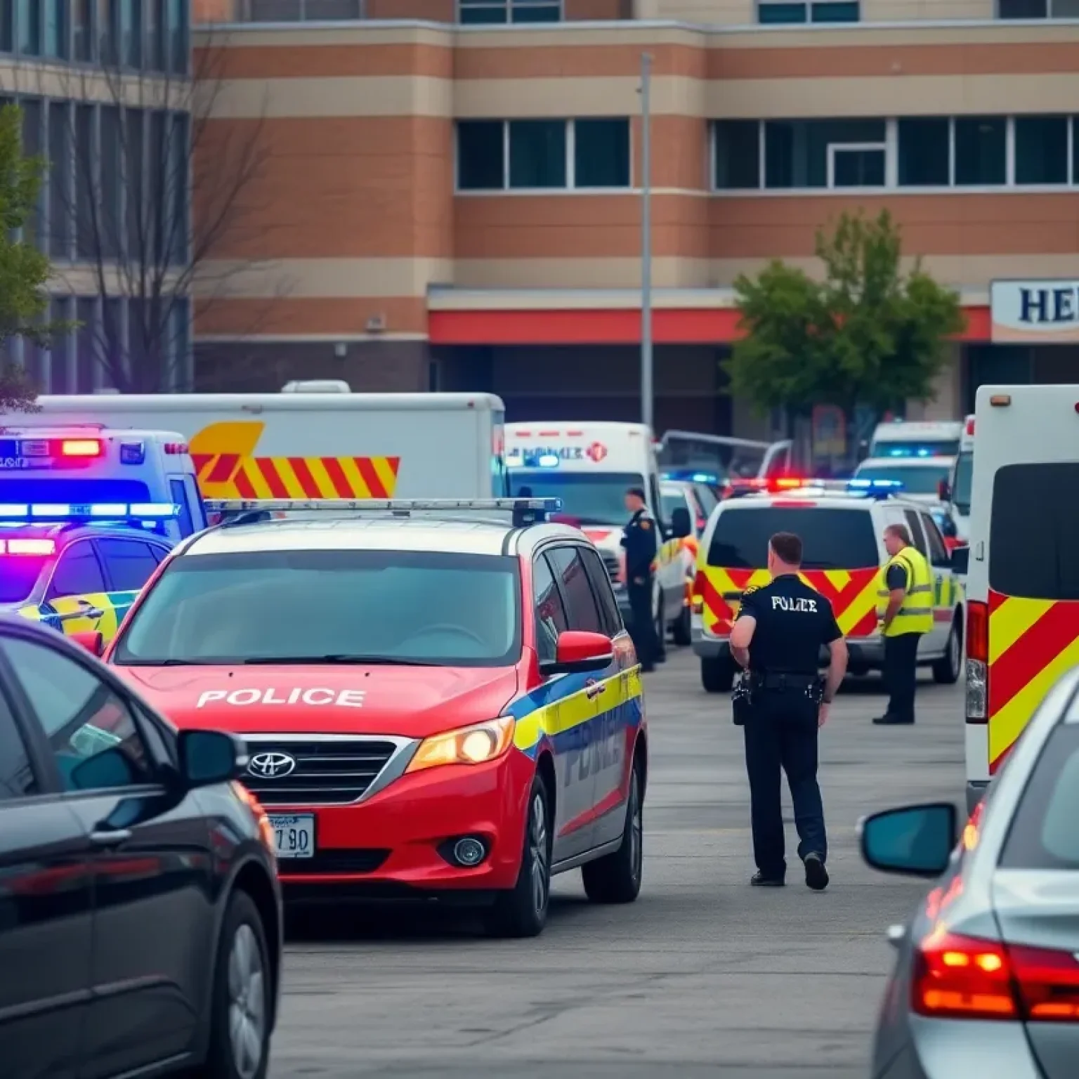 Emergency personnel at a hospital parking lot during a police incident