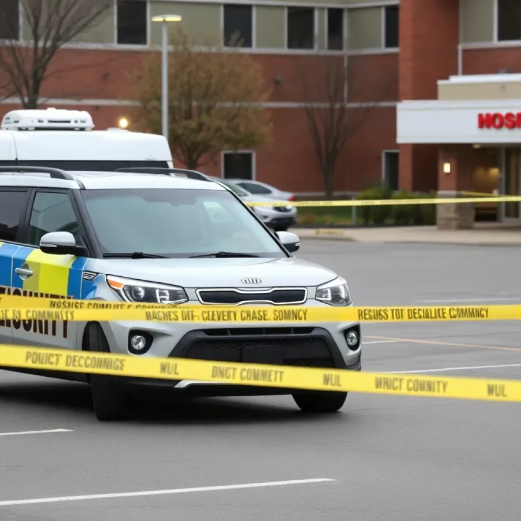 Police tape surrounds a security vehicle in the parking lot of McLeod Regional Medical Center.