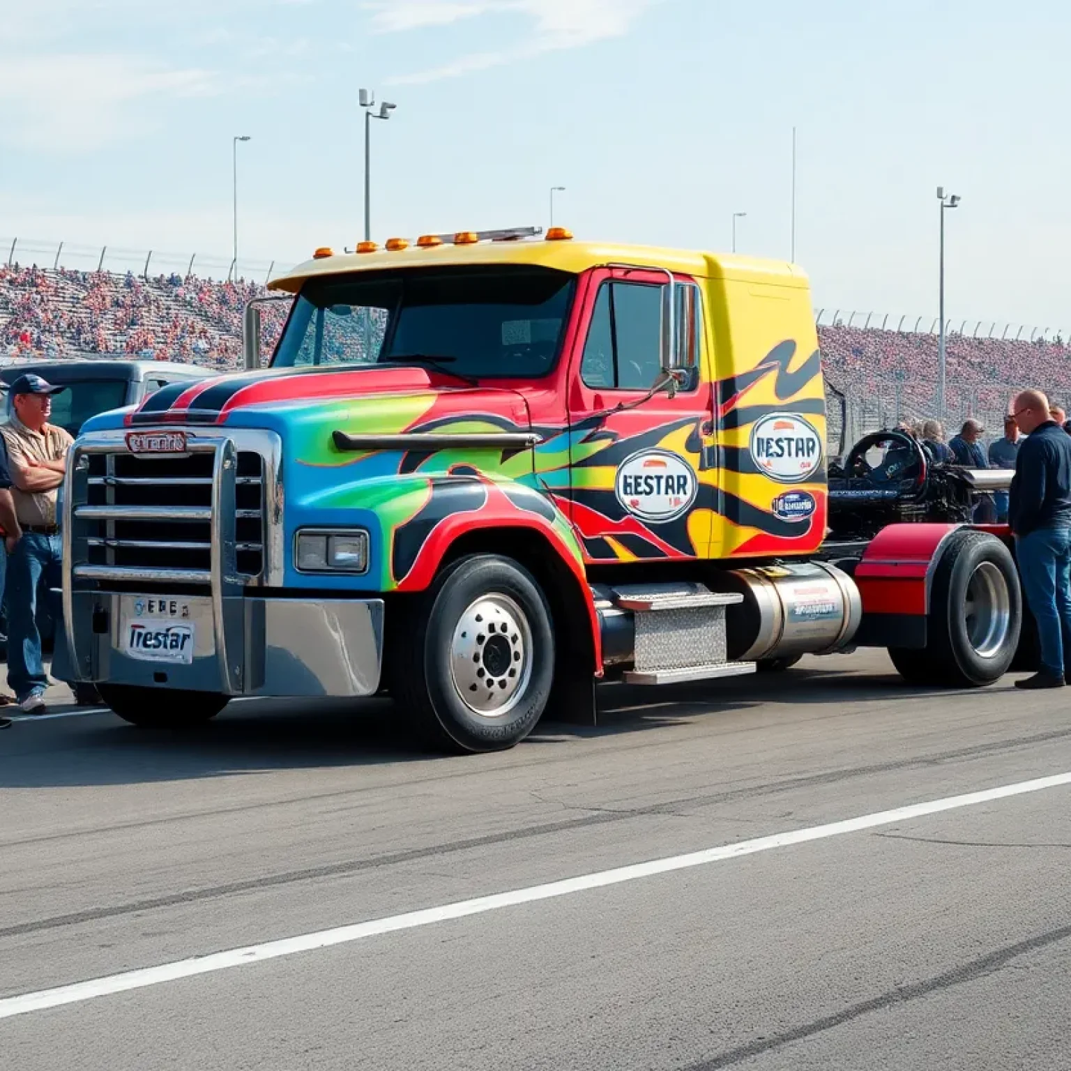 NASCAR racing truck with team members at a speedway