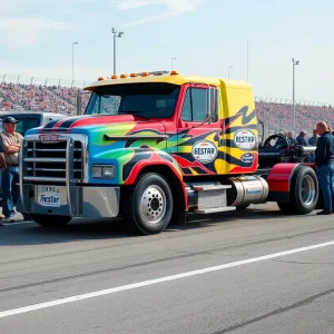 NASCAR racing truck with team members at a speedway