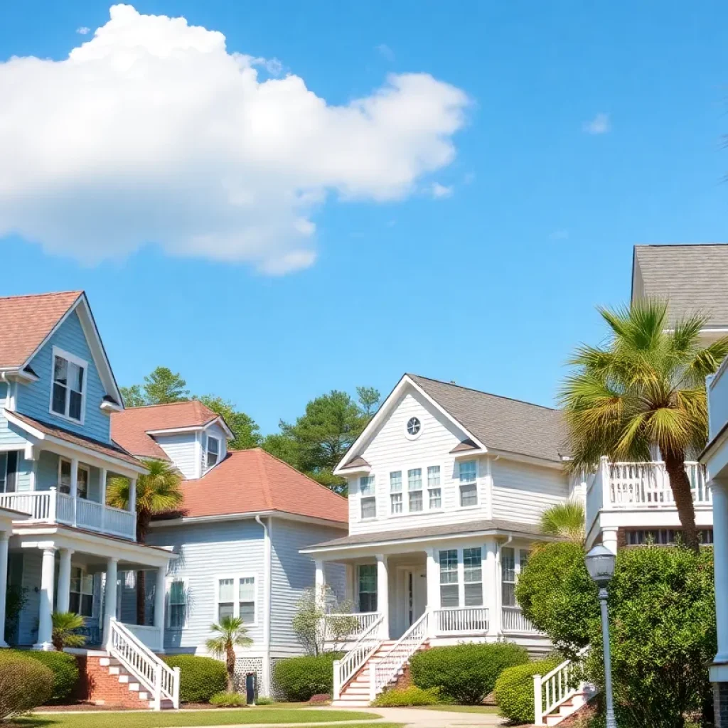 Colorful homes in South Carolina under a bright blue sky