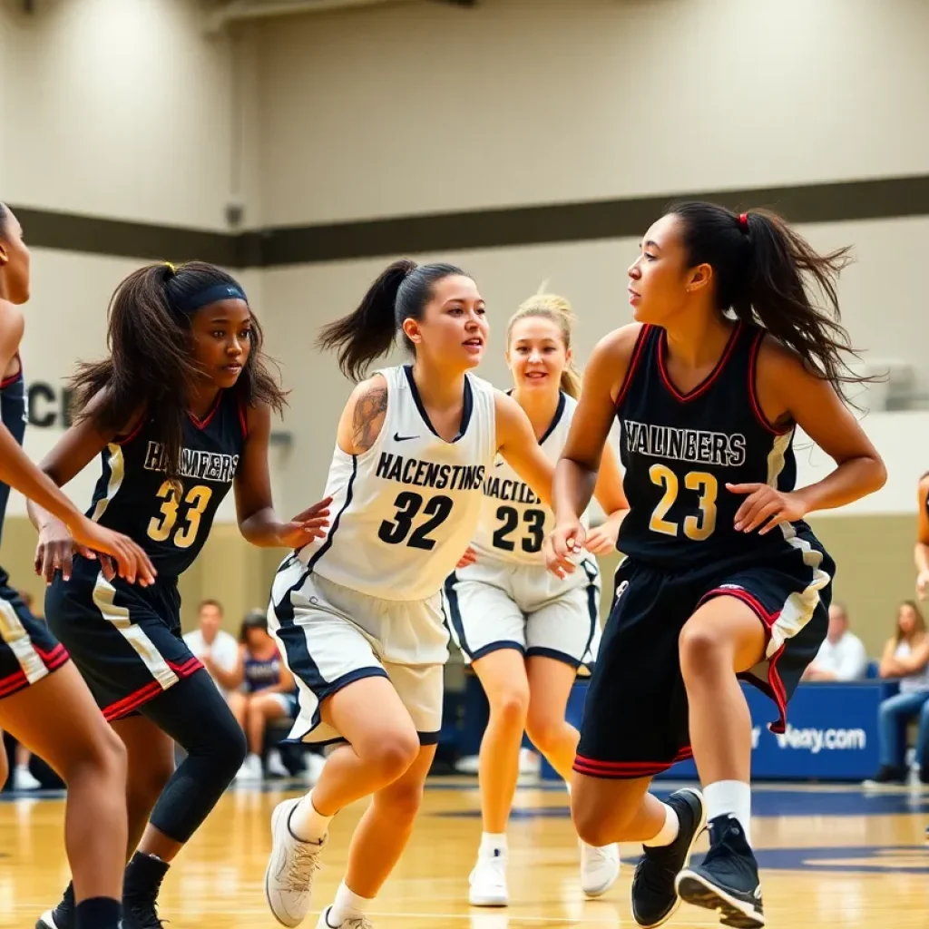 UNC Pembroke women's basketball team celebrating their championship win on the court.