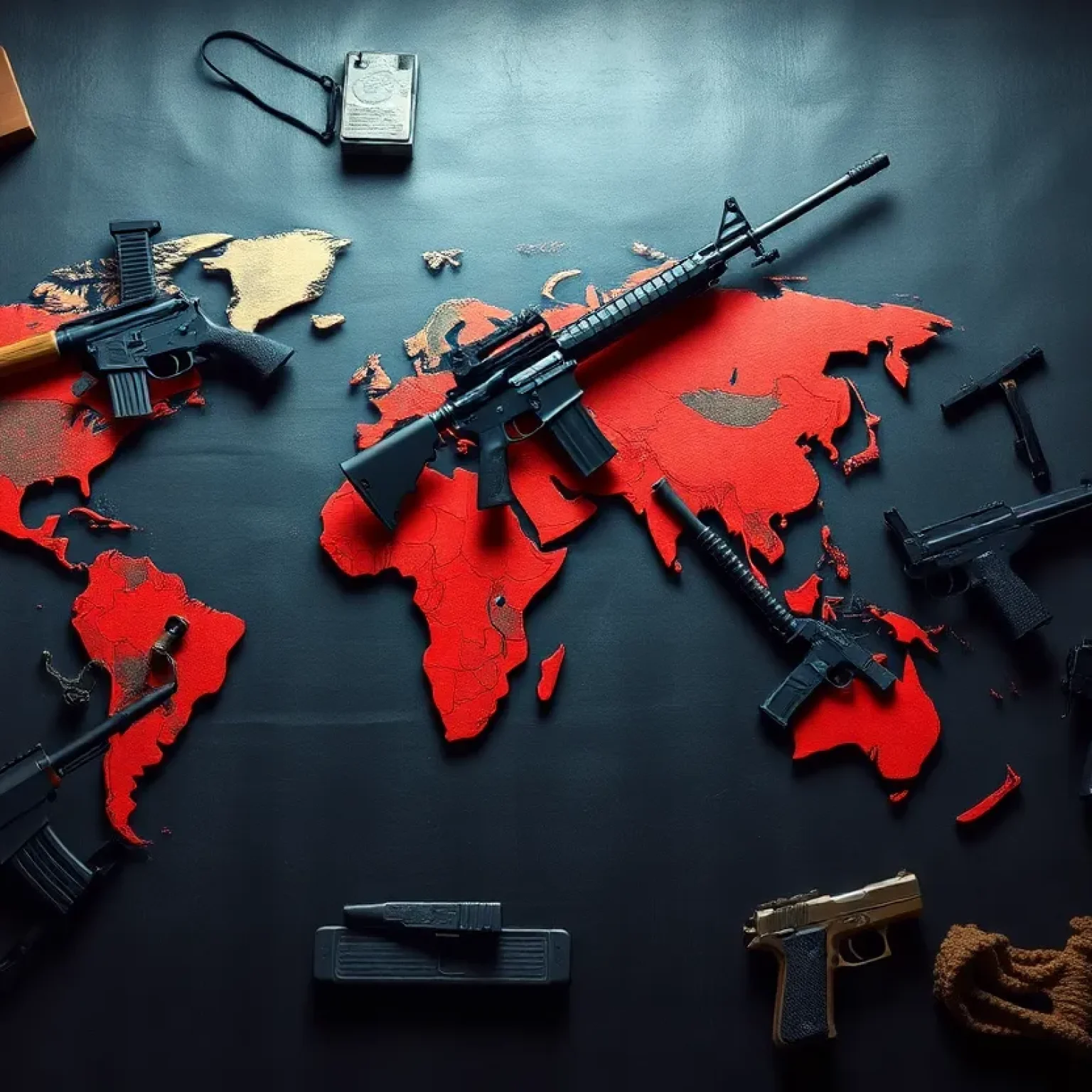 Illustration of arms trafficking depicting global smuggling routes.