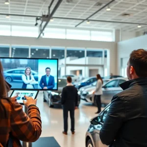 A futuristic automotive dealership with digital marketing tools