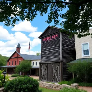 View of Browntown's historic buildings and cotton gin