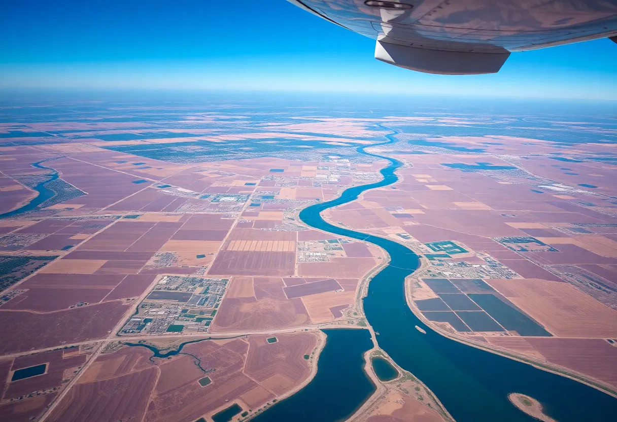 Aerial view of California Central Valley emphasizing water management and agriculture