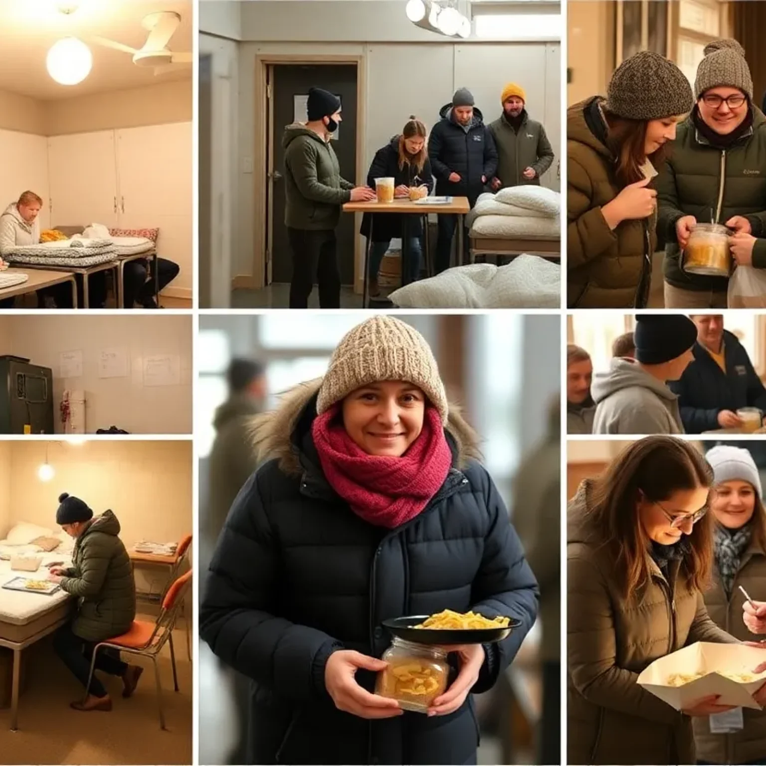 Volunteers providing assistance at a warming shelter during a winter storm