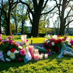 A tribute setup in a park with flowers and candles.