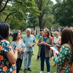 Community members celebrating the legacy of a devoted public servant in a park.