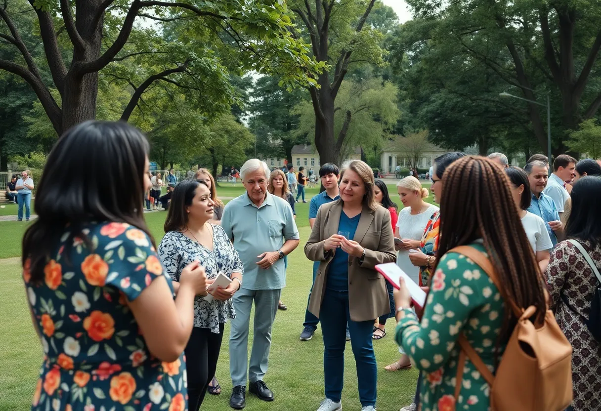 Community members celebrating the legacy of a devoted public servant in a park.