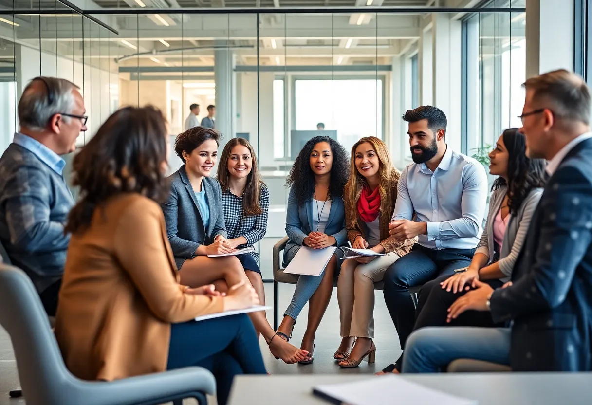 A group of professionals engaging in a discussion about immigration and labor policies.