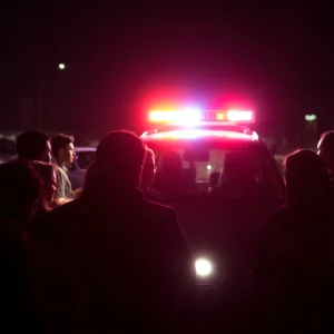 Police vehicle at night with community members nearby during a child abduction case.