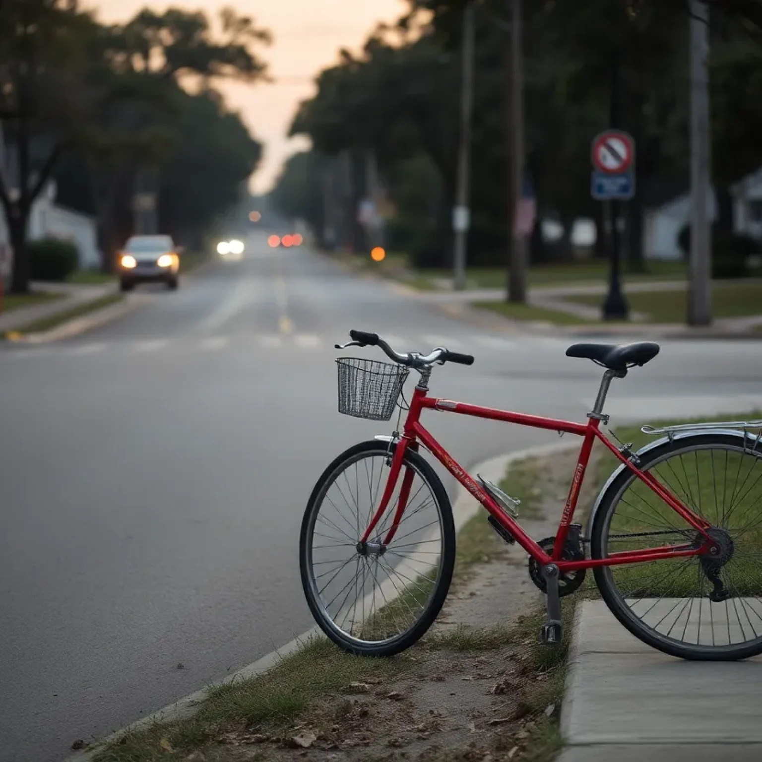 Somber view of a street in Florence, SC with a bicycle, symbolizes community mourning.