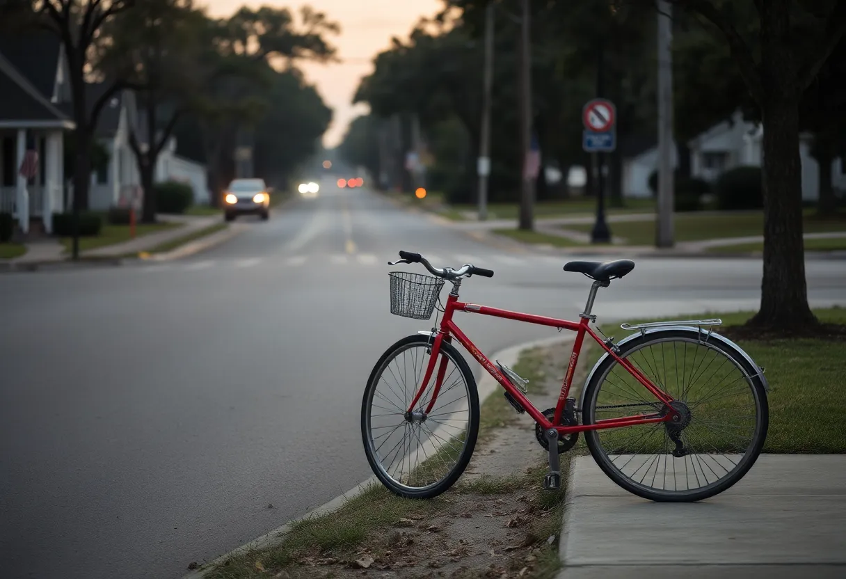 Somber view of a street in Florence, SC with a bicycle, symbolizes community mourning.