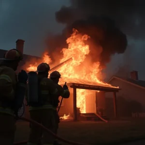 Firefighters battling a large house fire in Florence County during extreme weather conditions.