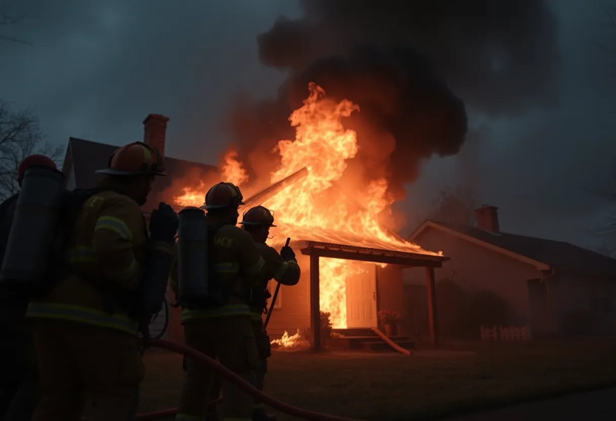 Firefighters battling a large house fire in Florence County during extreme weather conditions.