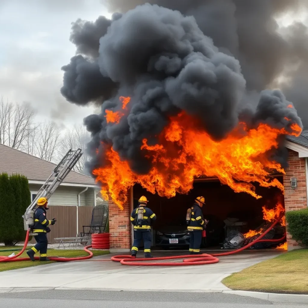 Firefighters extinguishing a garage fire at a residence in Florence, SC.