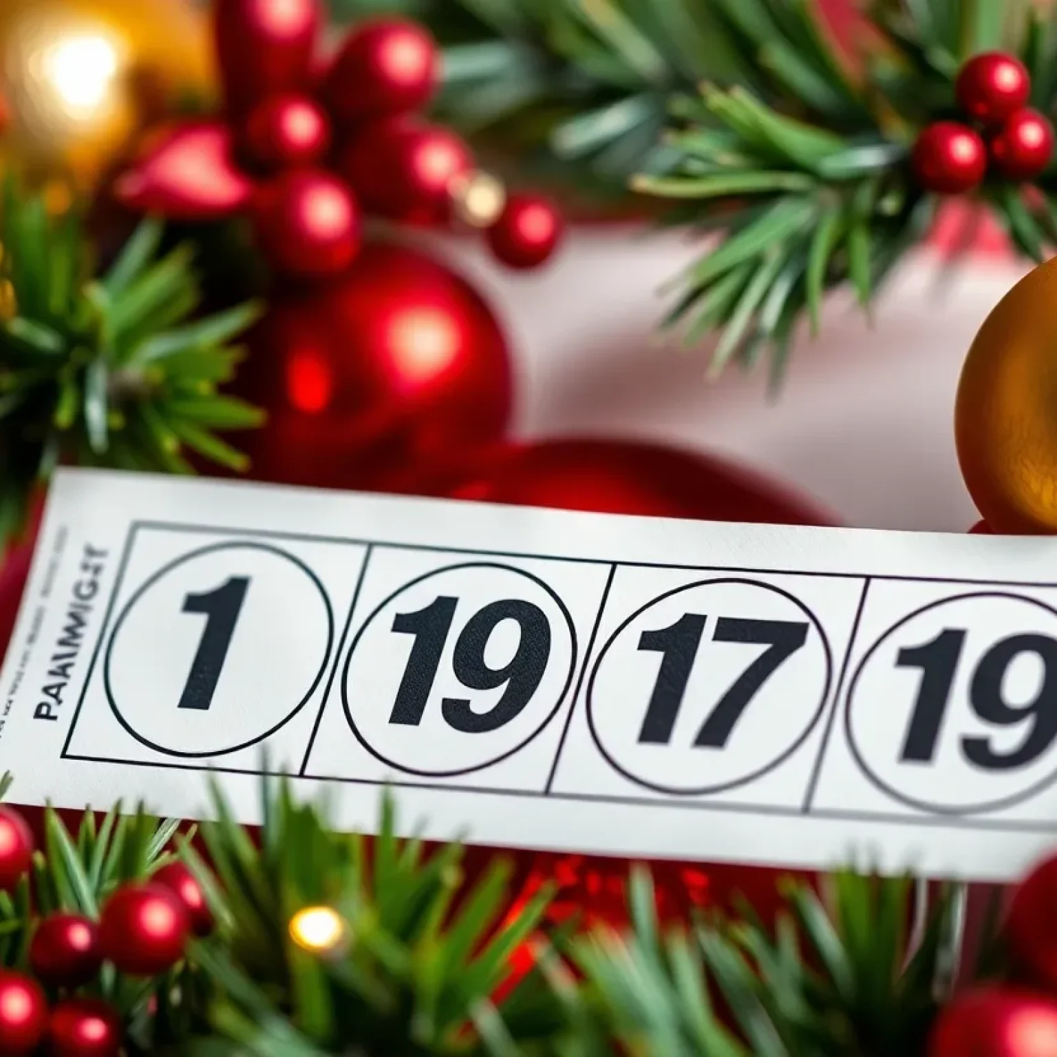 Lottery ticket with winning numbers surrounded by holiday decorations.