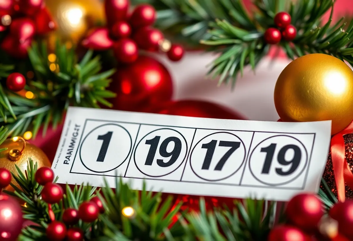 Lottery ticket with winning numbers surrounded by holiday decorations.