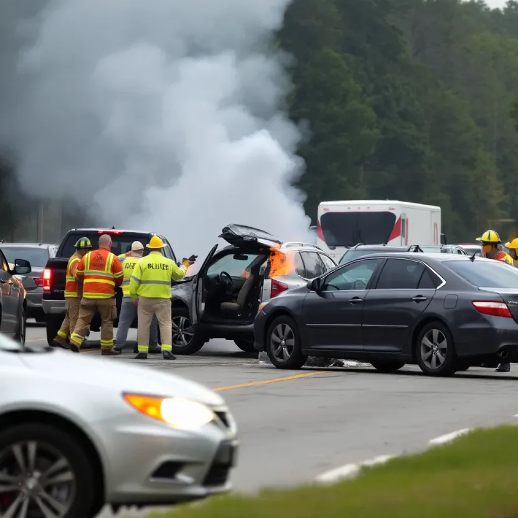 Scene of a multi-vehicle crash with smoke and emergency responders in Florence, SC.