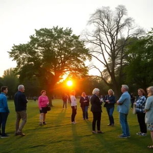 Community members discussing park renaming decisions at sunset.