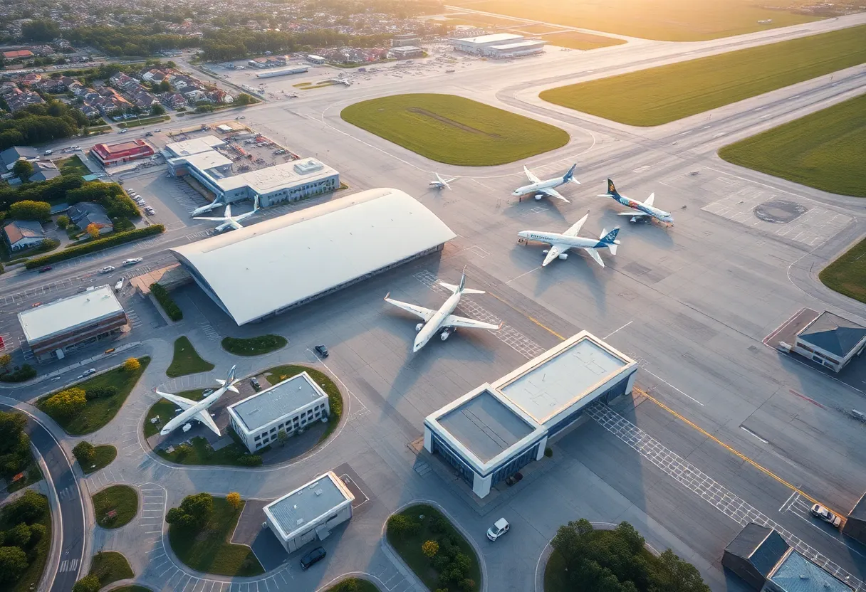 A modern airport scene at Florence Regional Airport showcasing improvements and community connection.