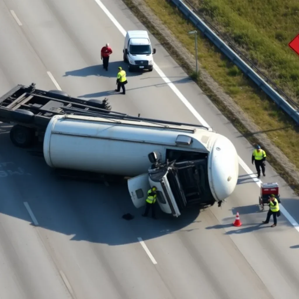 Overturned tanker truck on 110 Freeway in Florence