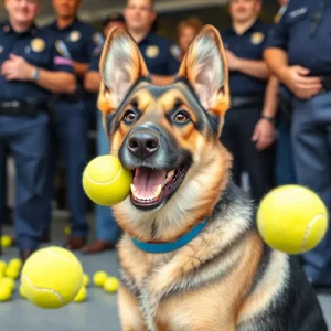 K-9 Johnny Cash celebrating retirement with police officers