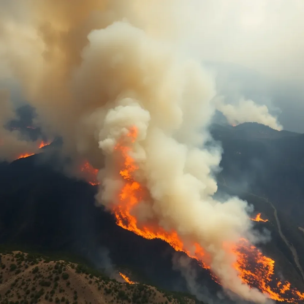 Aerial view of wildfires in the mountains of Los Angeles