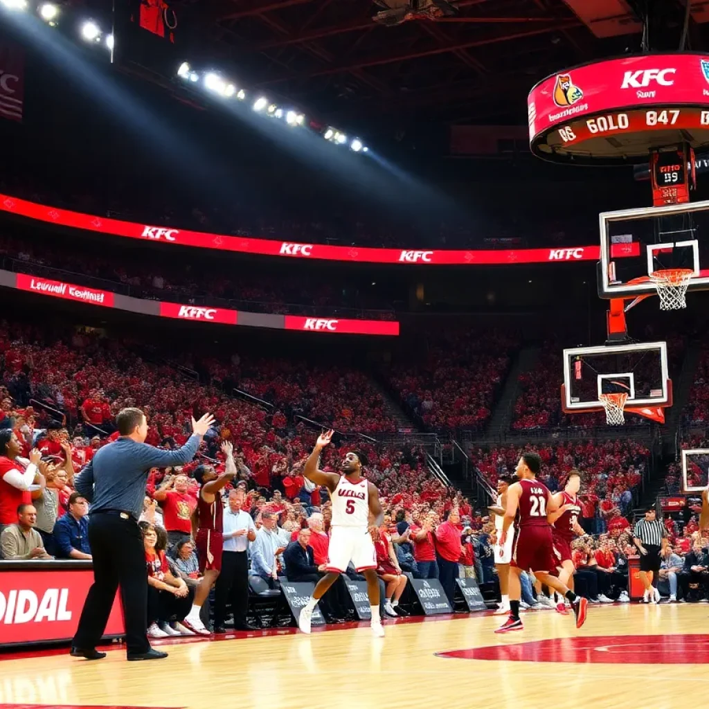 Action shot of Louisville Cardinals basketball team during a game