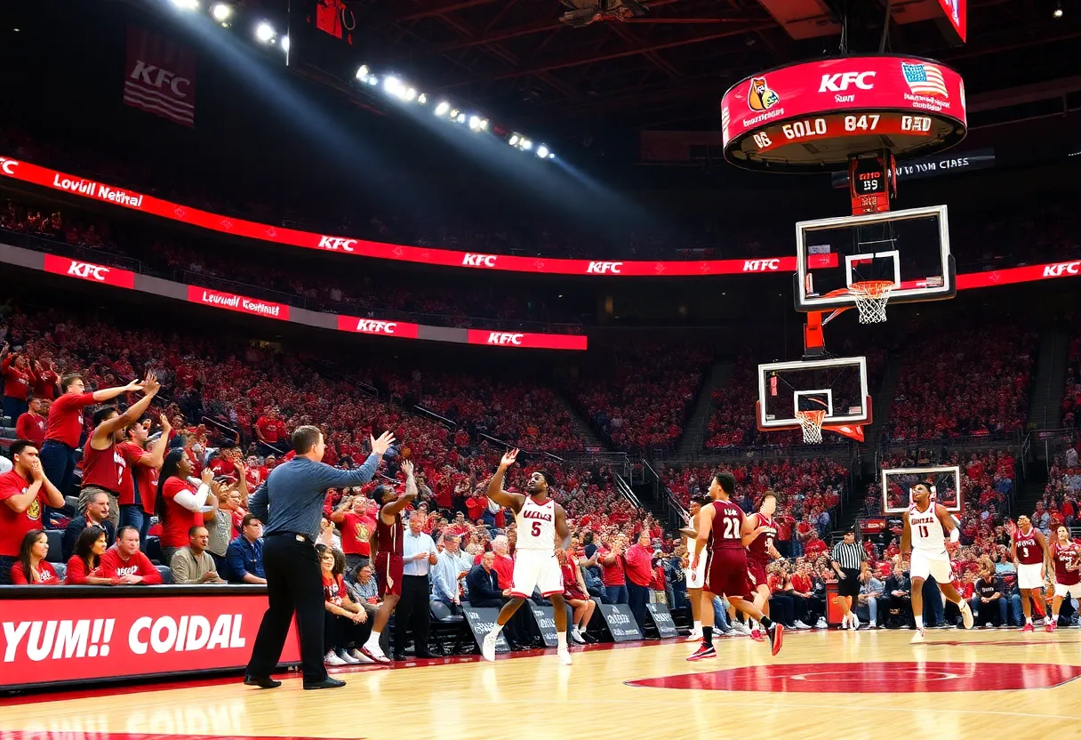 Action shot of Louisville Cardinals basketball team during a game