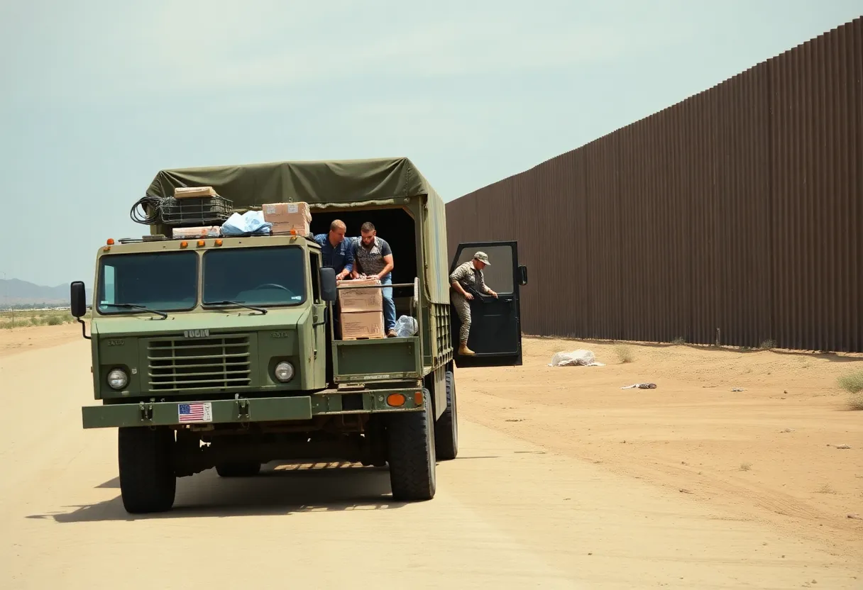 Soldiers unloading supplies at U.S.-Mexico border