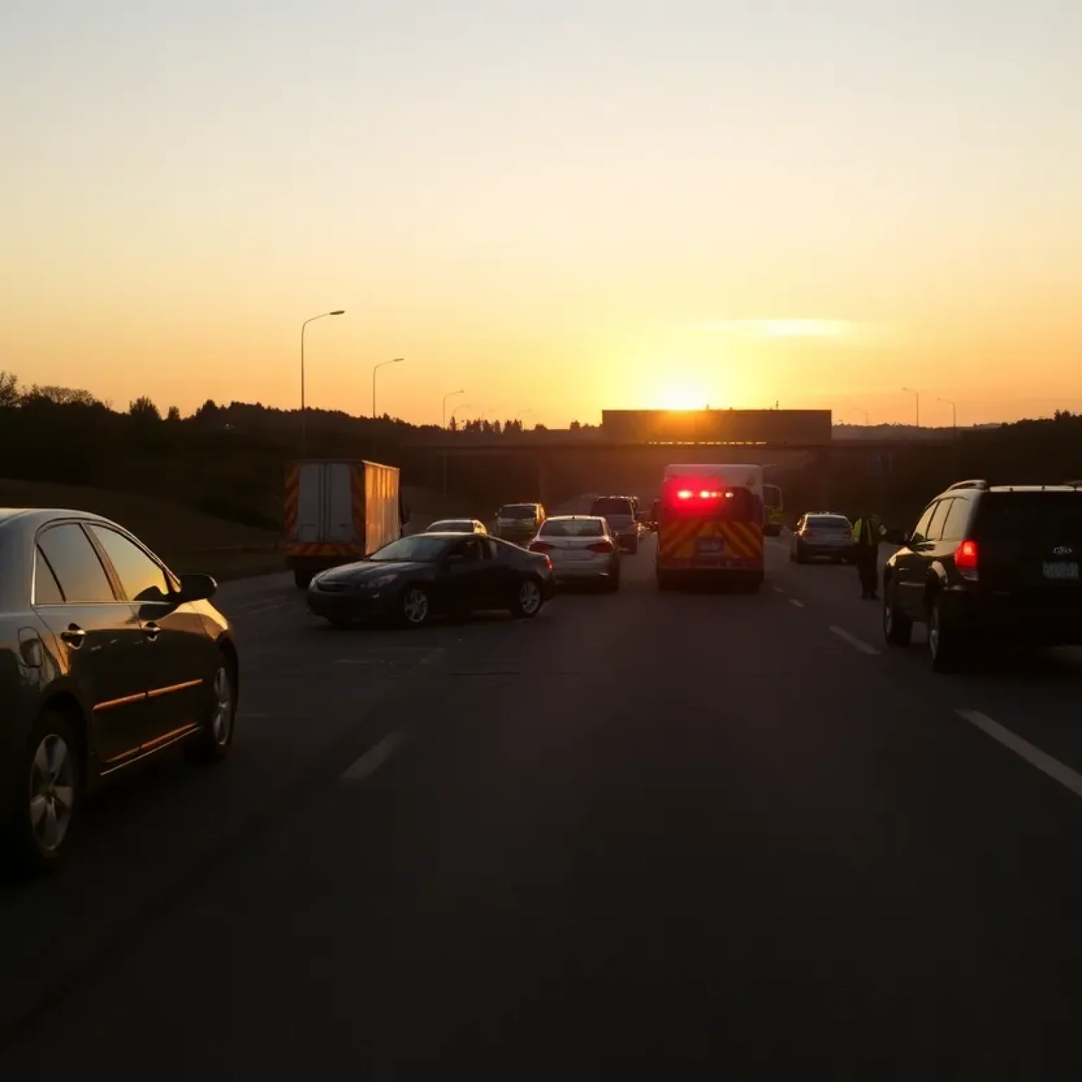 Emergency responders at a multi-vehicle accident scene on a highway