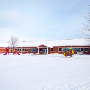 Deserted school playground during winter snow