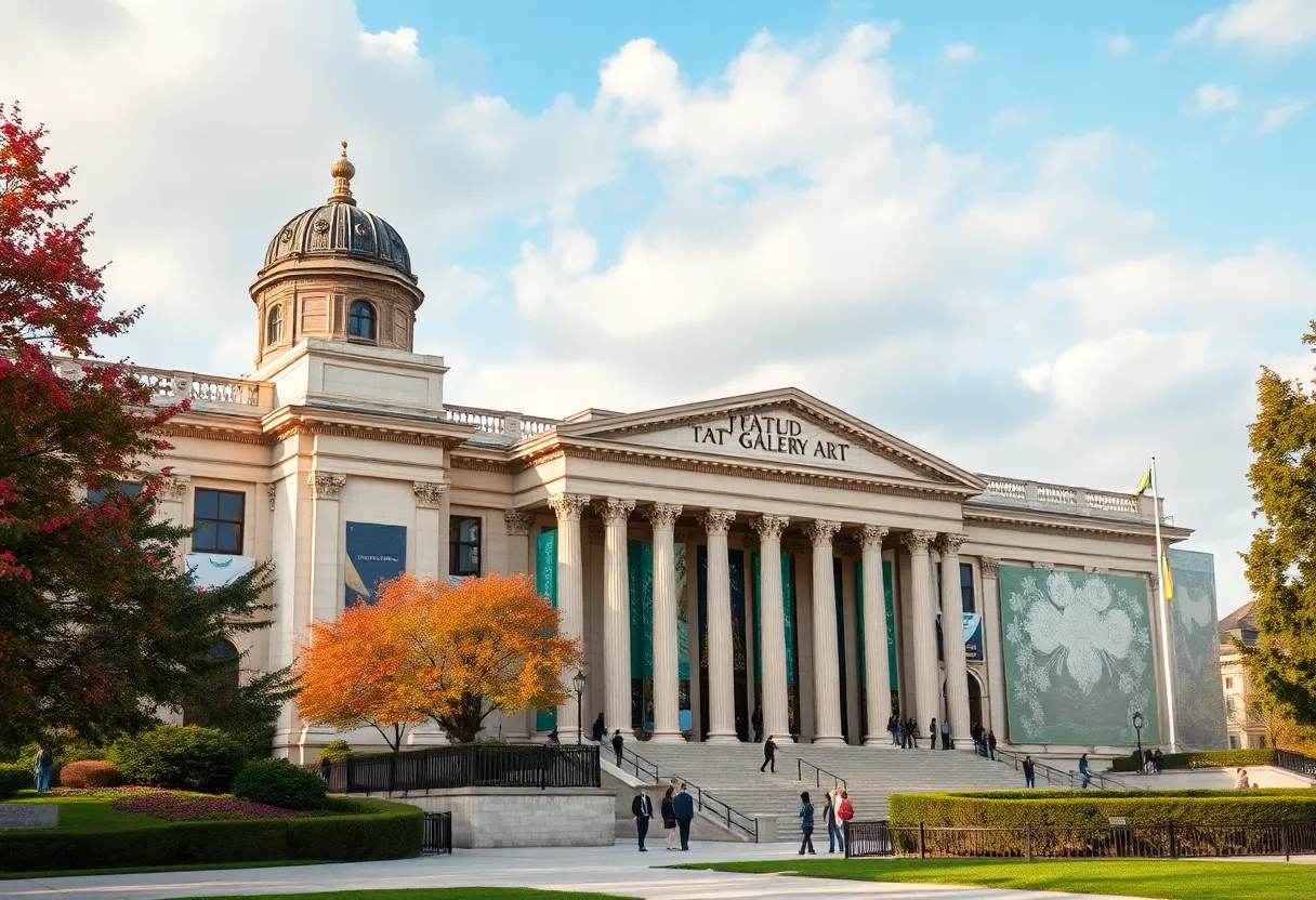 Exterior view of the National Gallery of Art with emphasis on its architecture and public spaces.