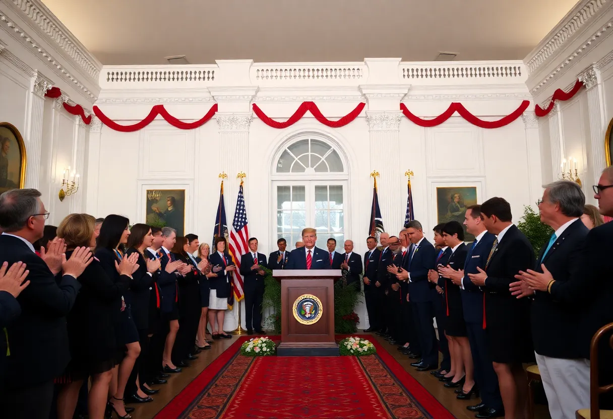 Award ceremony at the White House honoring service to democracy.