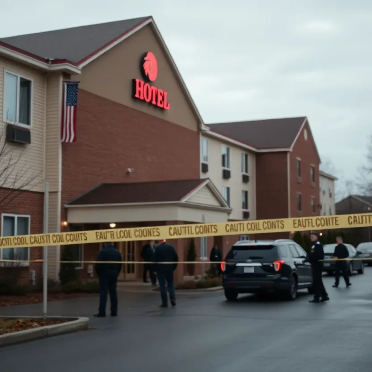 Exterior view of Rodeway Inn with police presence after shooting incident.