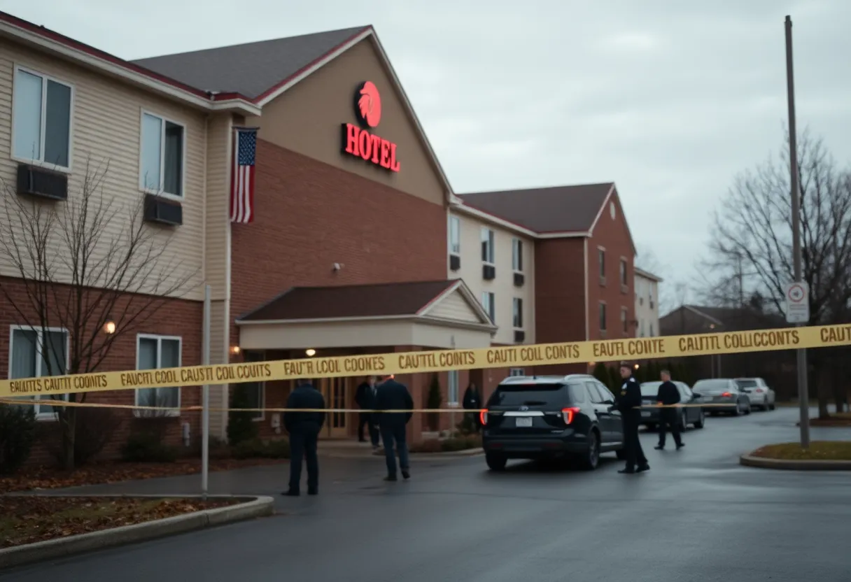 Exterior view of Rodeway Inn with police presence after shooting incident.