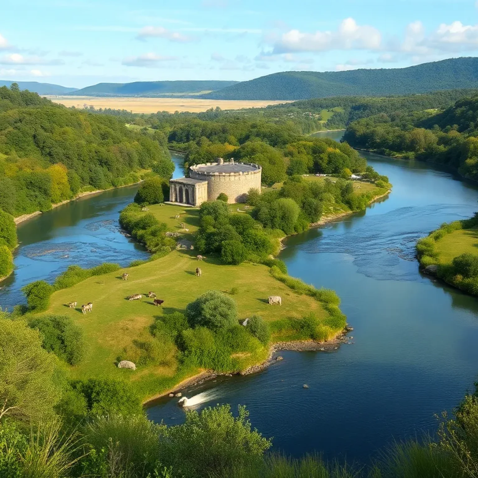 A picturesque view of Snow's Island showcasing its greenery and river confluence