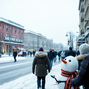 A snow-covered city street with people in winter gear.