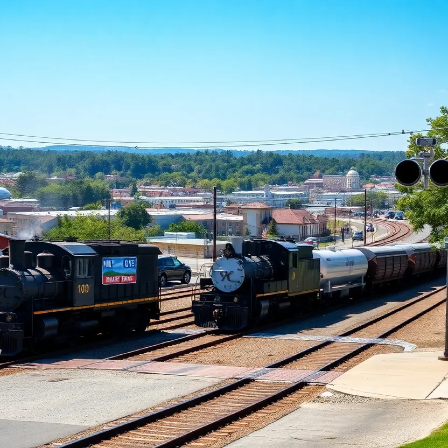 A train crossing in Florence, South Carolina with a busy road nearby.