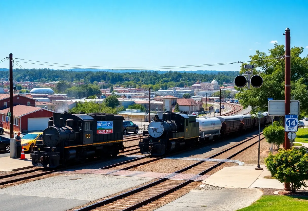 A train crossing in Florence, South Carolina with a busy road nearby.