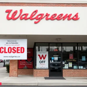 Storefront of Walgreens pharmacy indicating closure