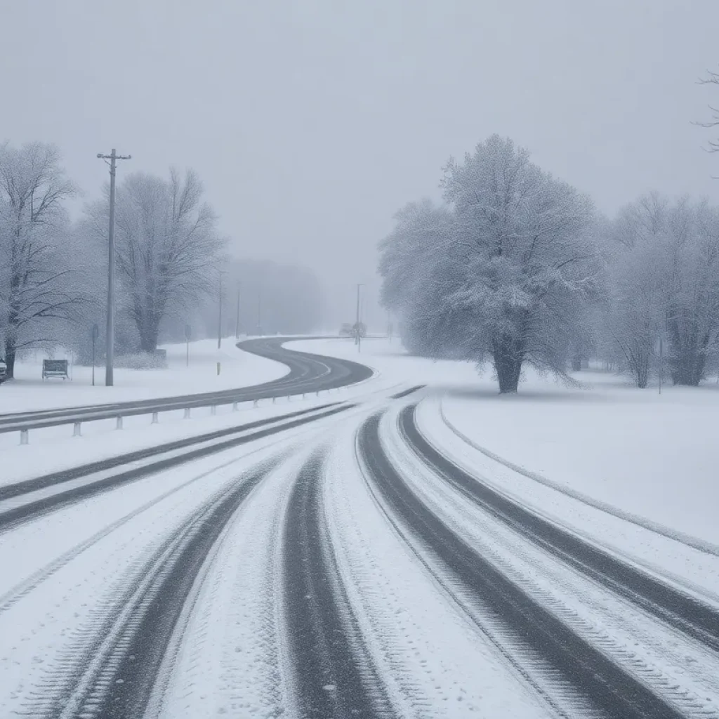 Snow and ice from Winter Storm Cora covering a southern U.S. landscape.