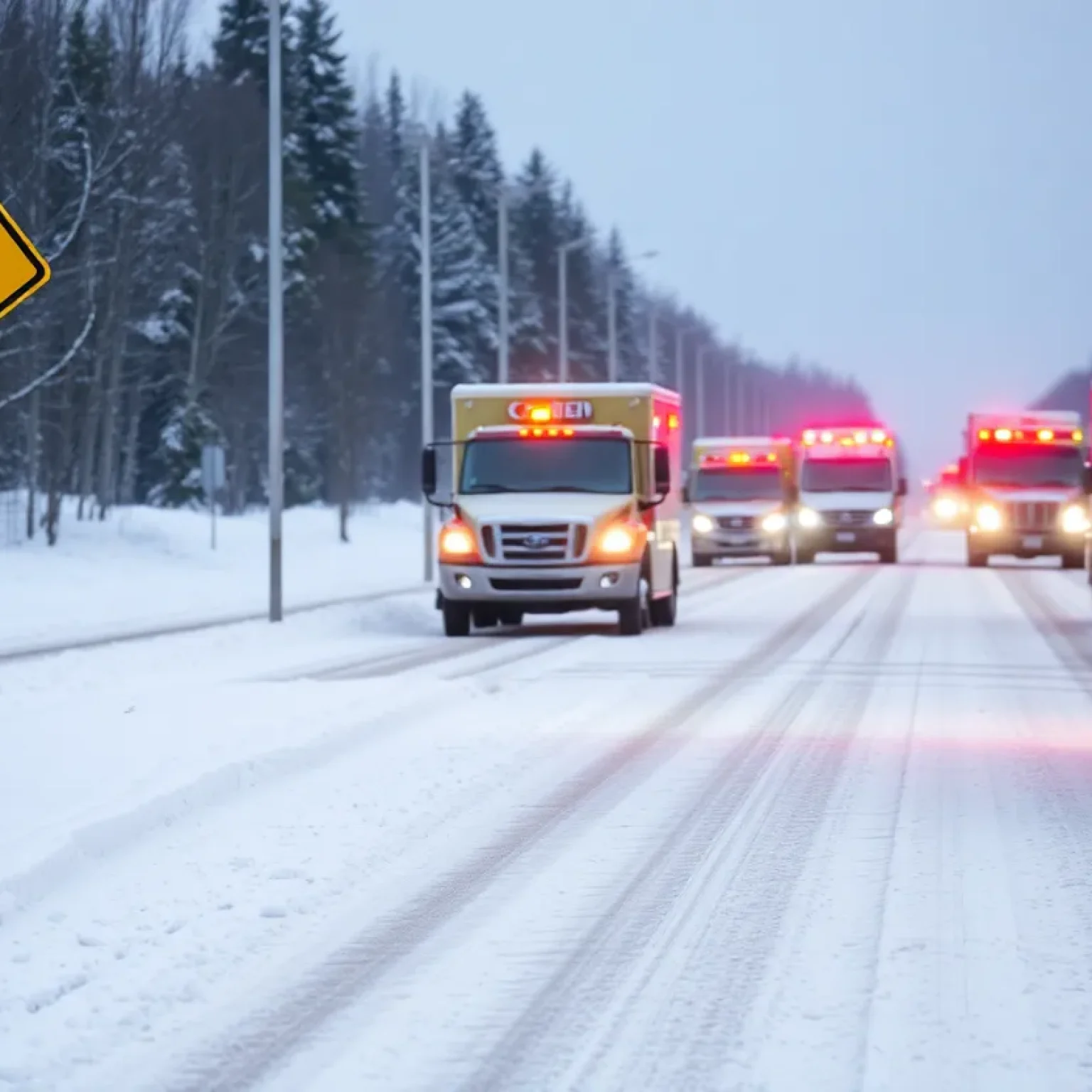 Snowy road conditions in Florence County with emergency vehicles