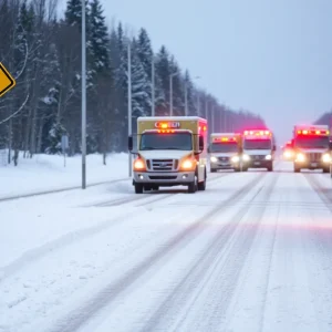 Snowy road conditions in Florence County with emergency vehicles