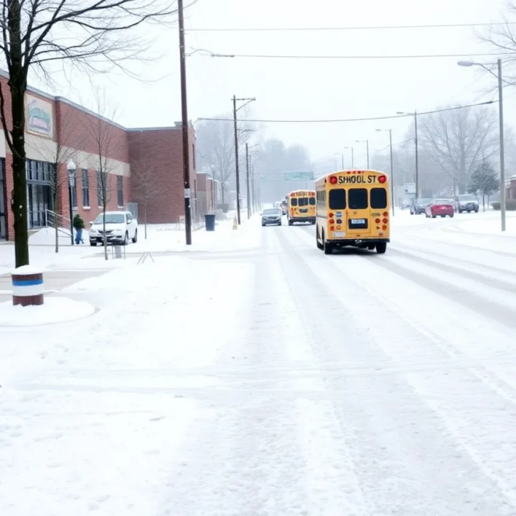 Snowy scene depicting school closures in the Carolinas due to winter weather